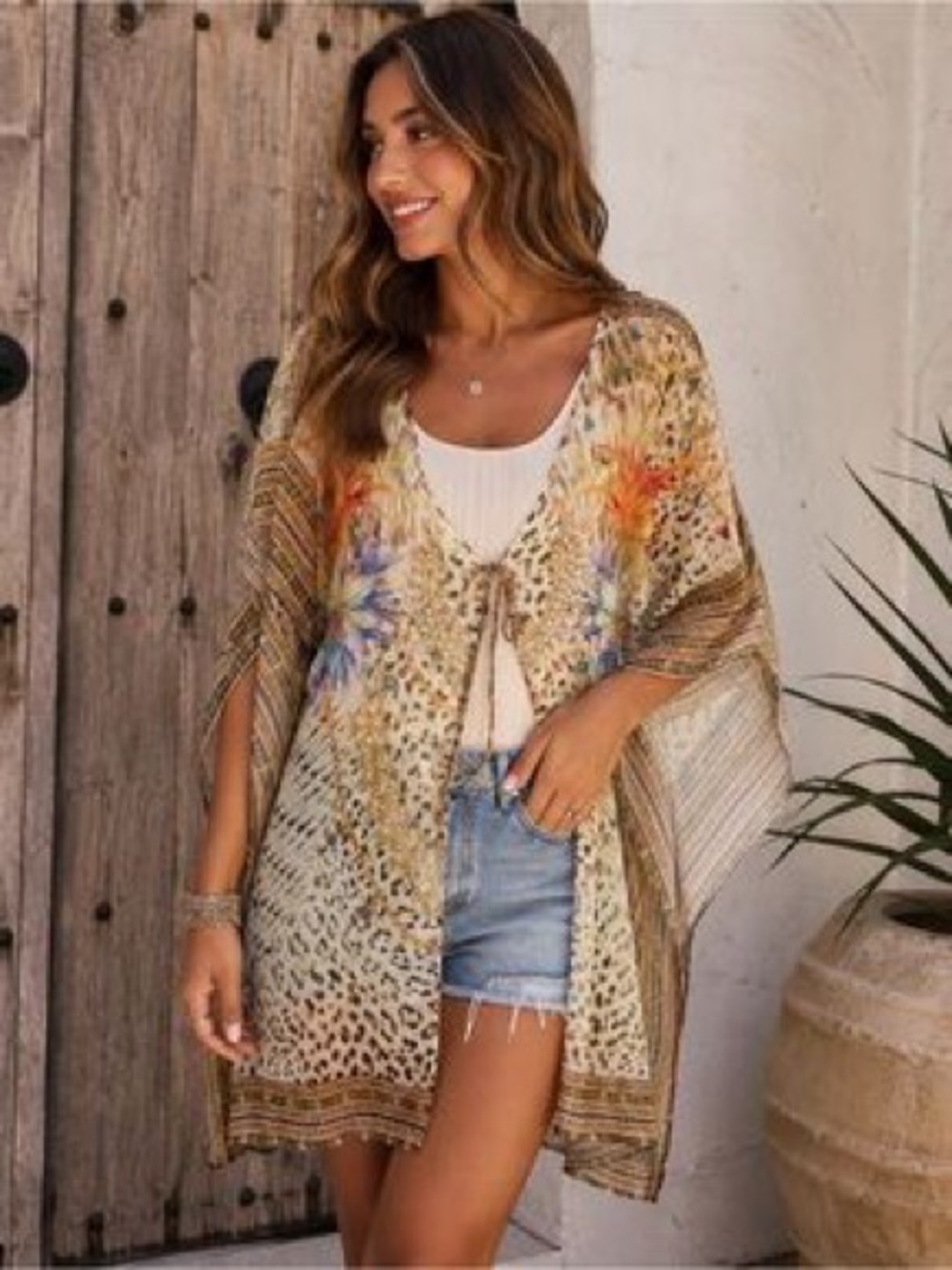 VENUS Floral Leopard Tie-Front Coverup - Tan/Multi